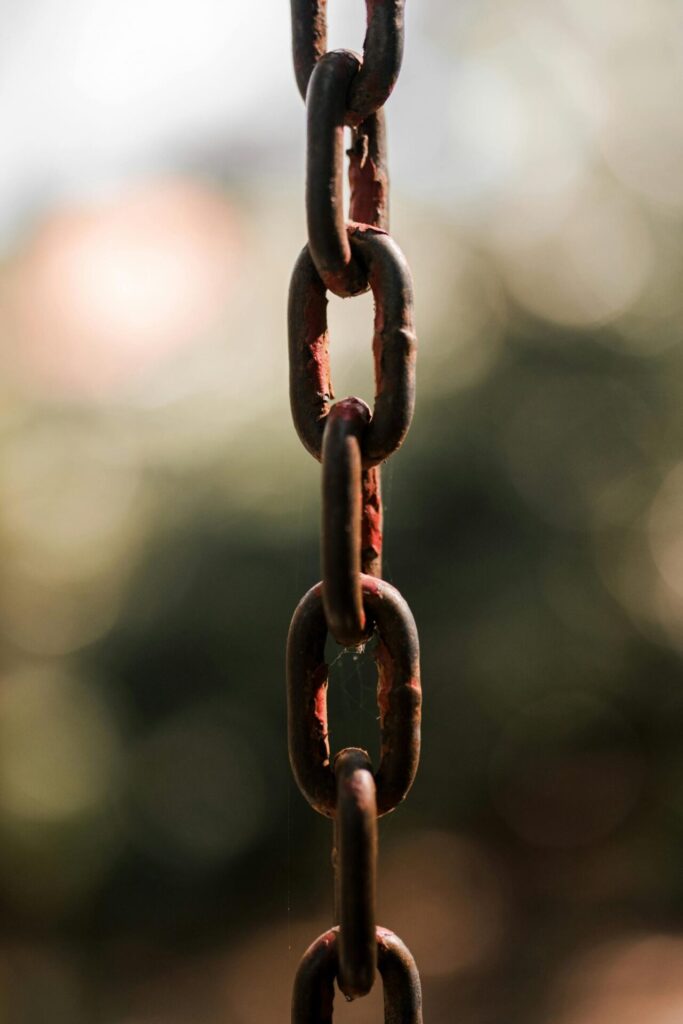 Rusty metal chain hanging in front of a blurred green background